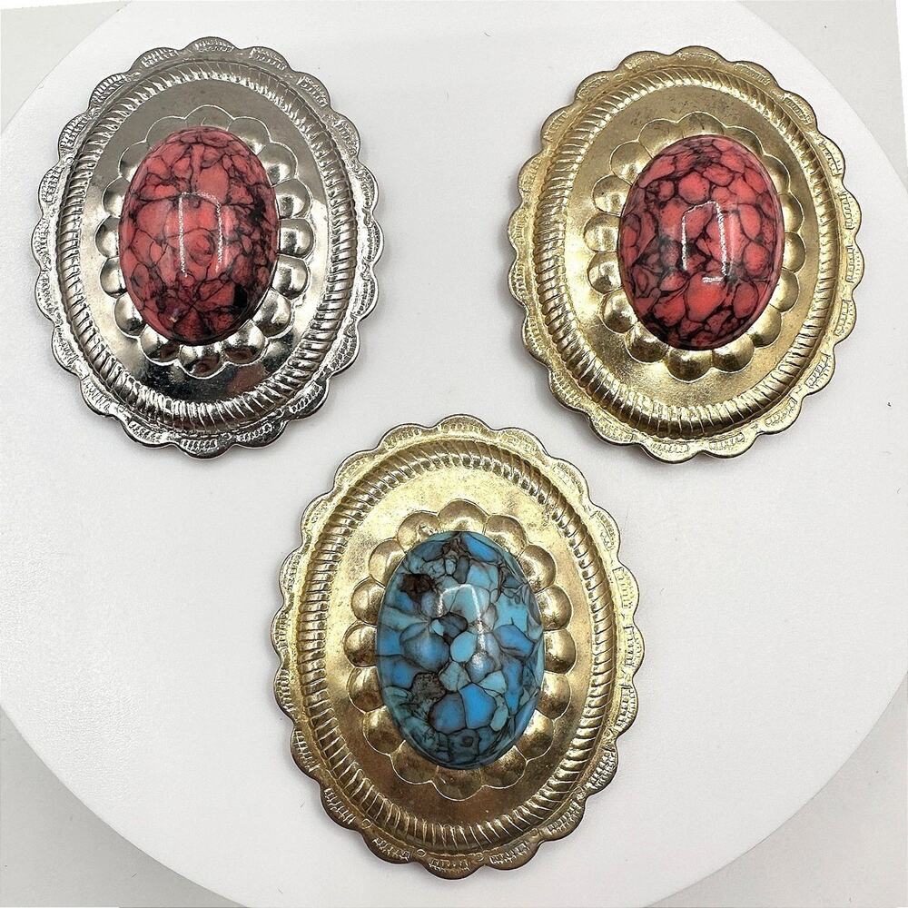 Vintage 90s Scalloped Oval Scarf Slides Set Faux Turquoise & Red Stone Jewelry